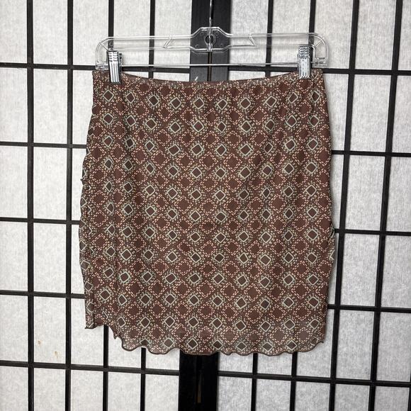 Y2K Mesh Mini Skirt Brown Geo Print 60's‎ 70's Vintage Style - Picture 2 of 7